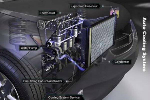 Photo of labeled automotive cooling system components that are often repaired and replaced by Mobile Mechanic Huntington Beach auto repair techs.